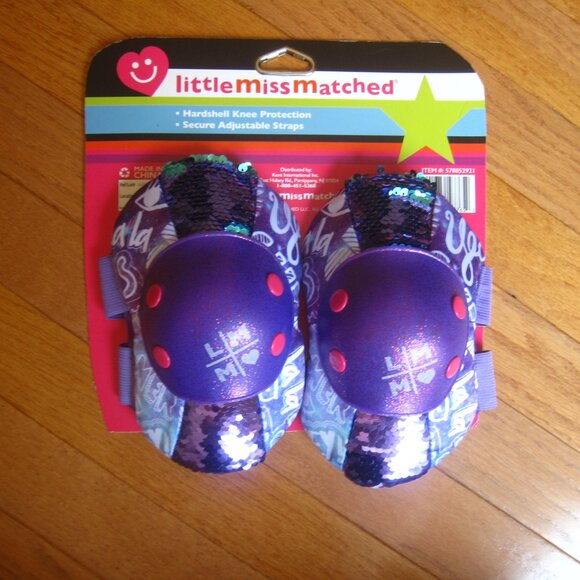 Little Miss Matched Sequin Knee Elbow Pads Hardshell Hook Loop Adjustable Straps - Picture 3 of 5
